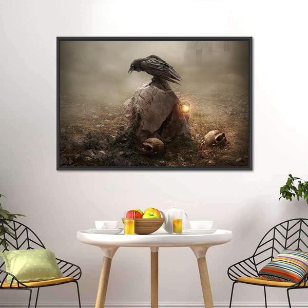 Crow Sitting On Gravestone Canvas Wall Art-1 Piece-Floating Frame-24" x 16"-Tiaracle