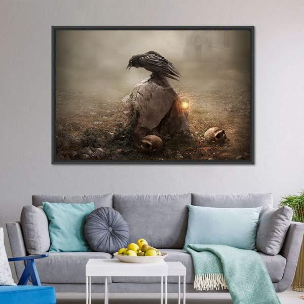 Crow Sitting On Gravestone Canvas Wall Art-3 Horizontal-Gallery Wrap-25" x 16"-Tiaracle
