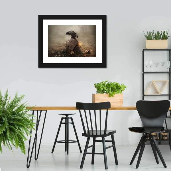 Crow Sitting On Gravestone Canvas Wall Art-3 Horizontal-Gallery Wrap-25" x 16"-Tiaracle