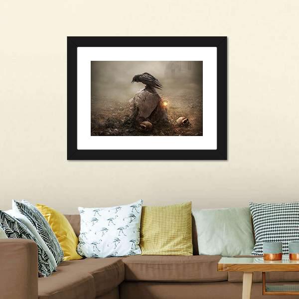 Crow Sitting On Gravestone Canvas Wall Art-1 Piece-Framed Print-20" x 16"-Tiaracle