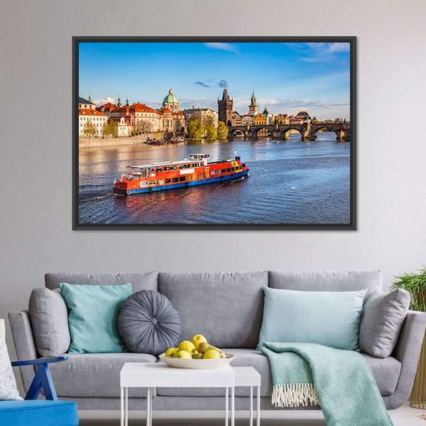 Cruise Boat On Vltava River Canvas Wall Art-1 Piece-Floating Frame-24" x 16"-Tiaracle