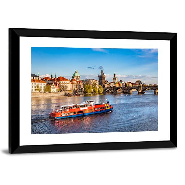 Cruise Boat On Vltava River Canvas Wall Art-5 Horizontal-Gallery Wrap-22" x 12"-Tiaracle