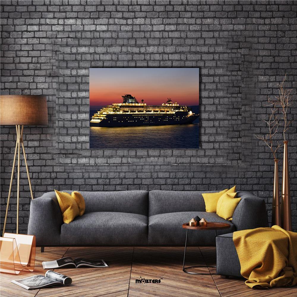 Cruise Ship at Sunset Canvas Wall Art in black, orange and blue, single panel hung on a wall