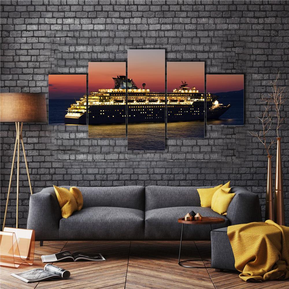 Cruise Ship At Night Canvas Wall Art-5 Star-Gallery Wrap-62" x 32"-Tiaracle