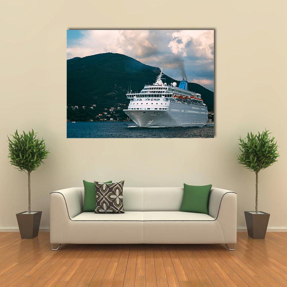 Cruise Ship in Kotor Bay Canvas Wall Art in white, green and blue, single panel hung on a wall