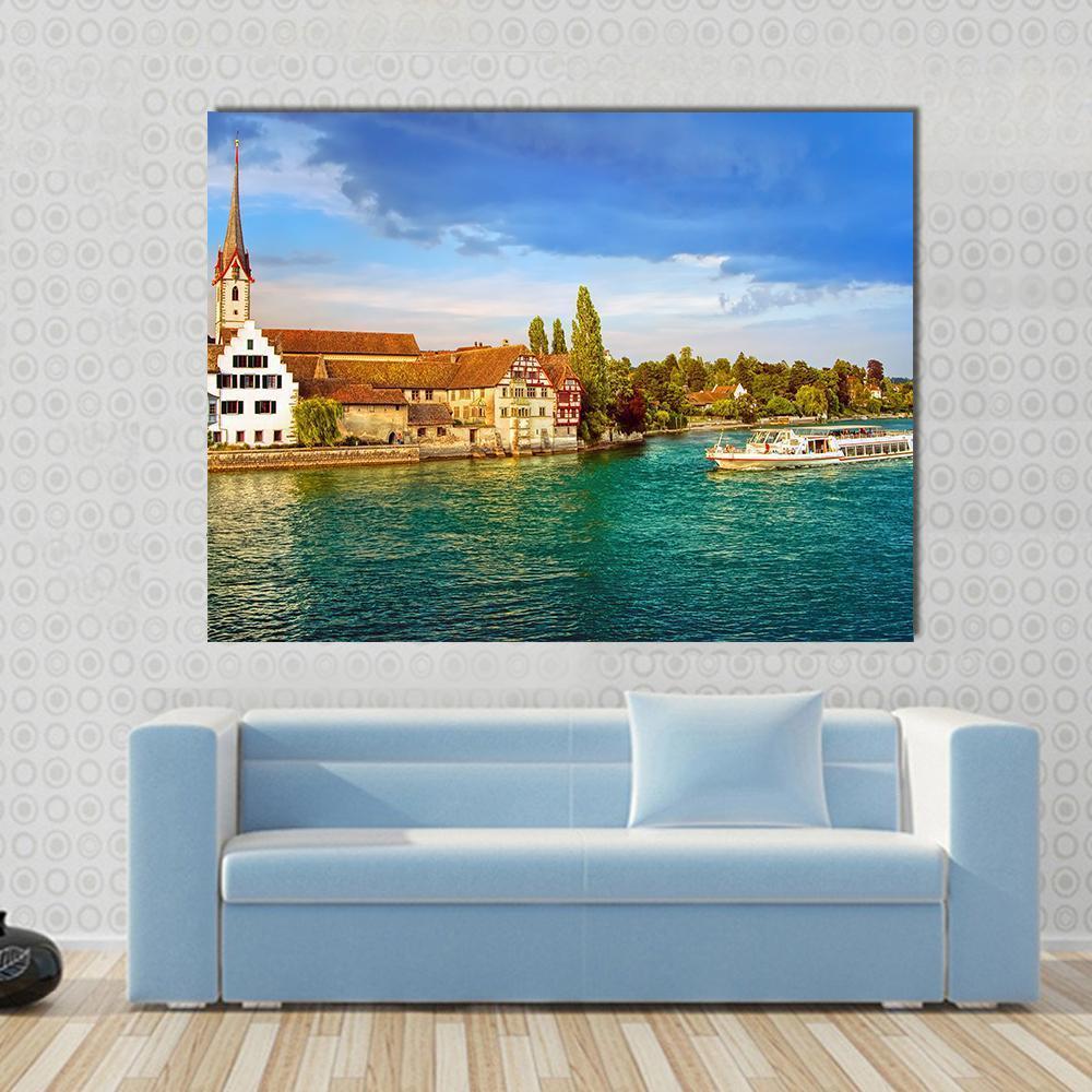 Cruise Ship in Rhine River Canvas Wall Art in brown, green and blue, single panel hung on a wall
