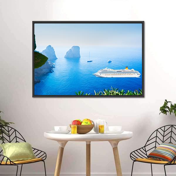 Cruise Ship In Tyrrhenian Sea Canvas Wall Art-1 Piece-Floating Frame-24" x 16"-Tiaracle