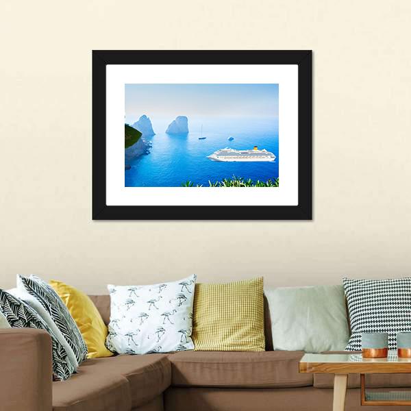 Cruise Ship In Tyrrhenian Sea Canvas Wall Art-1 Piece-Framed Print-20" x 16"-Tiaracle
