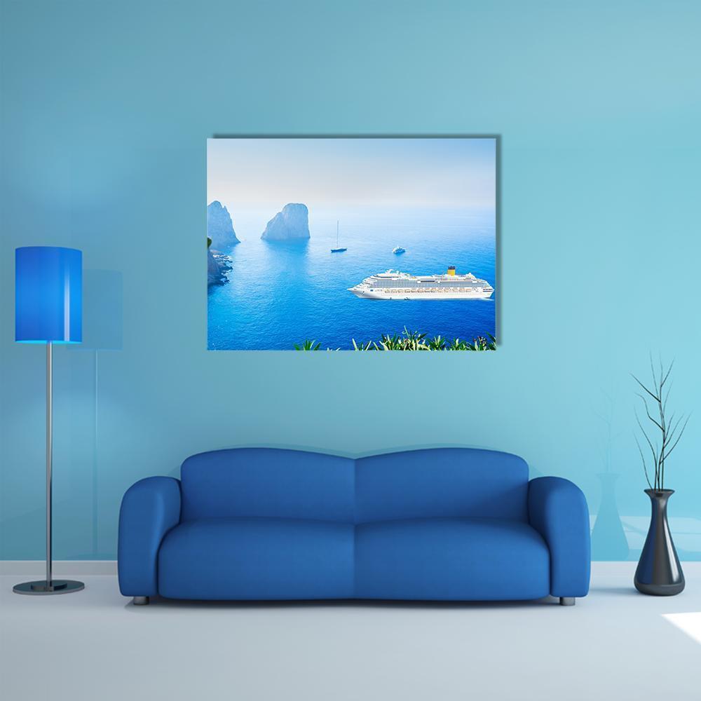 Cruise Ship in Tyrrhenian Sea Canvas Wall Art in white and blue, single panel hung on a wall