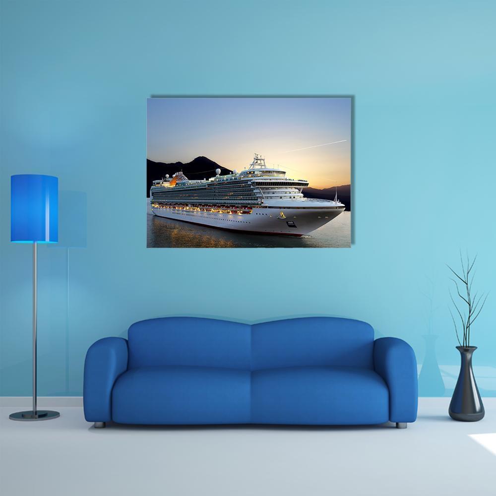Cruise Ship Near Port Canvas Wall Art in white, orange and blue, single panel hung on a wall