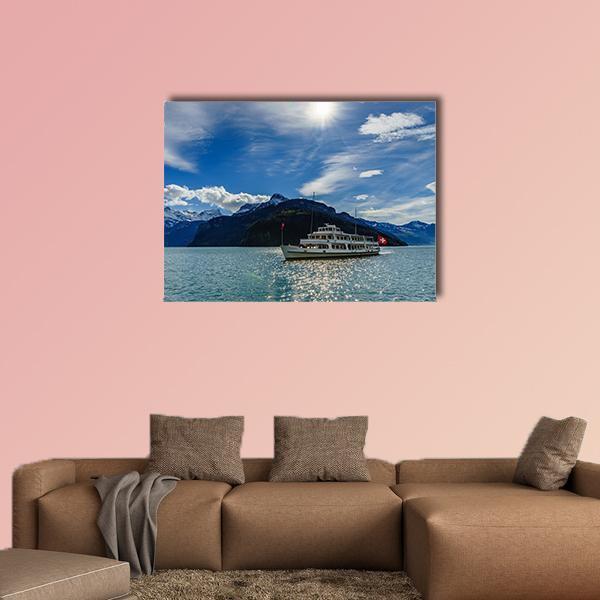 Cruise Ship on Lake Lucerne Canvas Wall Art in white, blue and navy, single panel hung on a wall