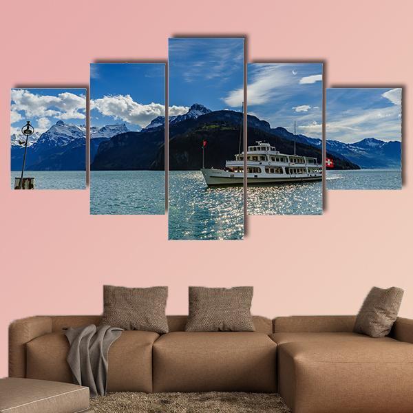Cruise Ship On Lake Lucerne Canvas Wall Art-5 Star-Gallery Wrap-62" x 32"-Tiaracle