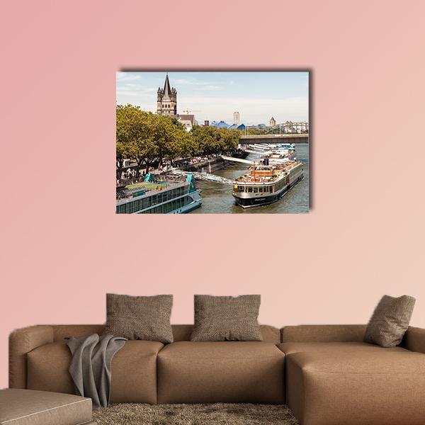 Cruise Ships in Cologne Canvas Wall Art in brown, green and blue, single panel hung on a wall