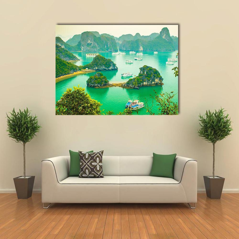 Cruise Ships in Ha Long Bay Canvas Wall Art in green and blue, single panel hung on a wall