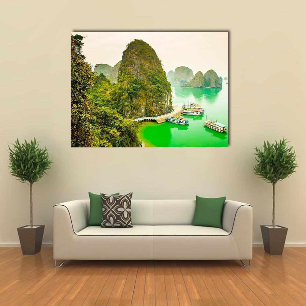 Cruise Ships in Limestone Islands Canvas Wall Art in beige, green and blue, single panel hung on a wall