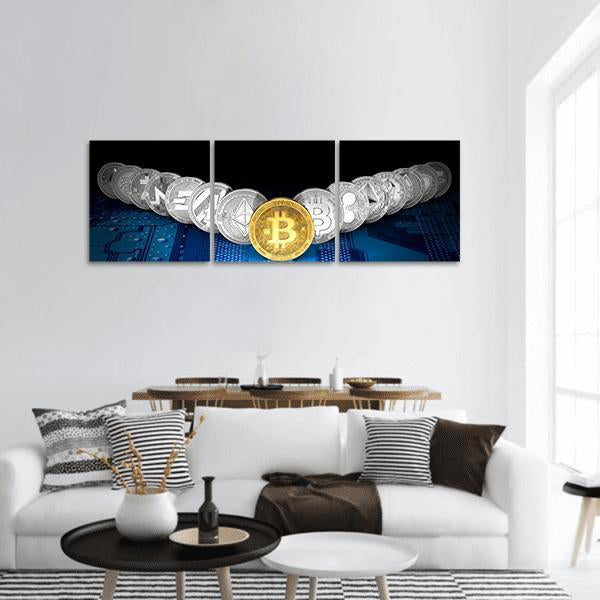 Golden Bitcoin with Silver Altcoins Panoramic Canvas Wall Art in black, gold and silver, single panel hung on a wall