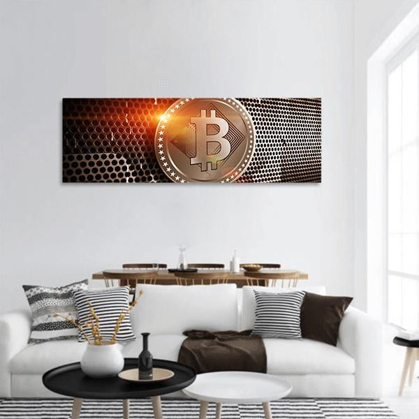 Bitcoin On Perforated Sheet Panoramic Canvas Wall Art-1 Piece-36" x 12"-Tiaracle