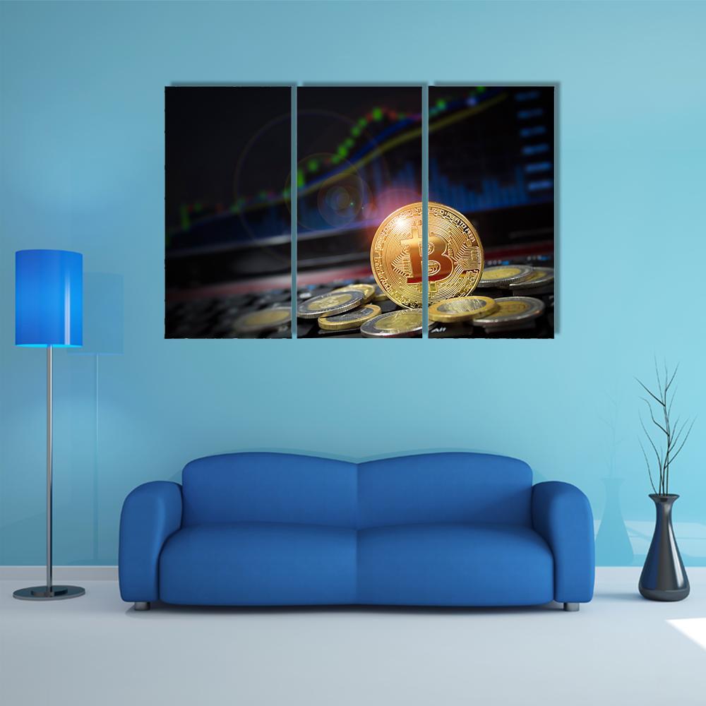 Golden Bitcoin Close-up with Blurred Financial Chart Canvas Wall Art in black and gold, 3 panel horizontal set hung on a wall