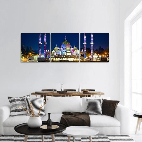 Crystal Mosque at Night, Terengganu Panoramic Canvas Wall Art in gold, blue and multicolor, hung on a wall