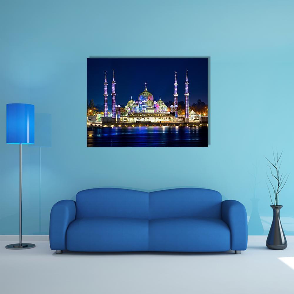 Crystal Mosque Night Reflection Canvas Wall Art in gold, blue and navy, single panel hung on a wall