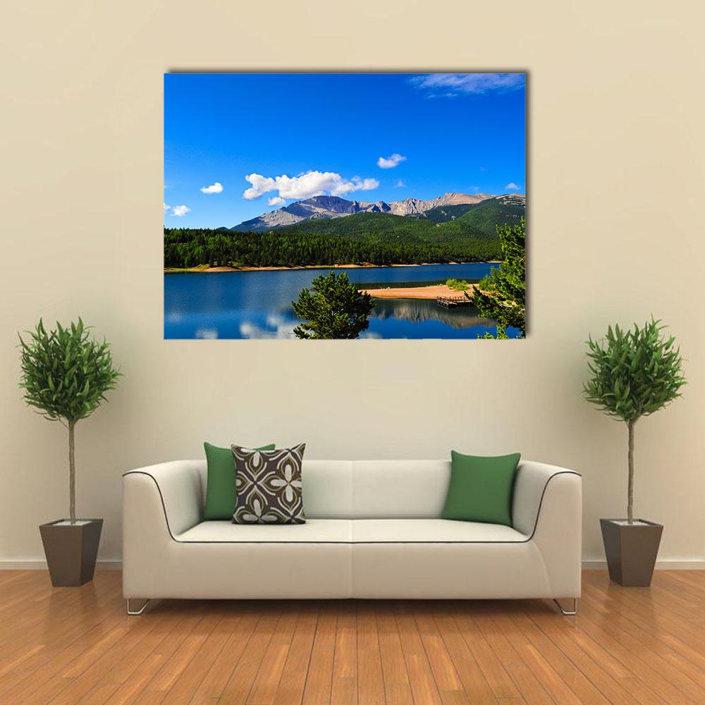 Reservoir Near Pikes Peak Canvas Wall Art in green and blue, single panel hung on a wall
