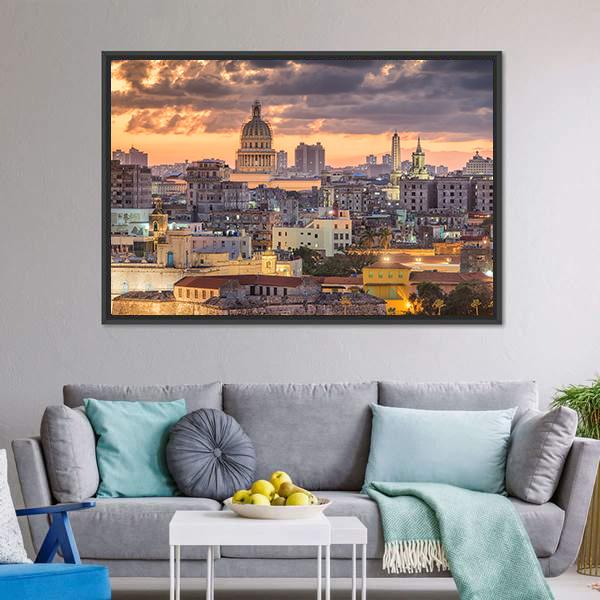 Cuba Downtown Skyline Canvas Wall Art-1 Piece-Floating Frame-24&quot; x 16&quot;-Tiaracle
