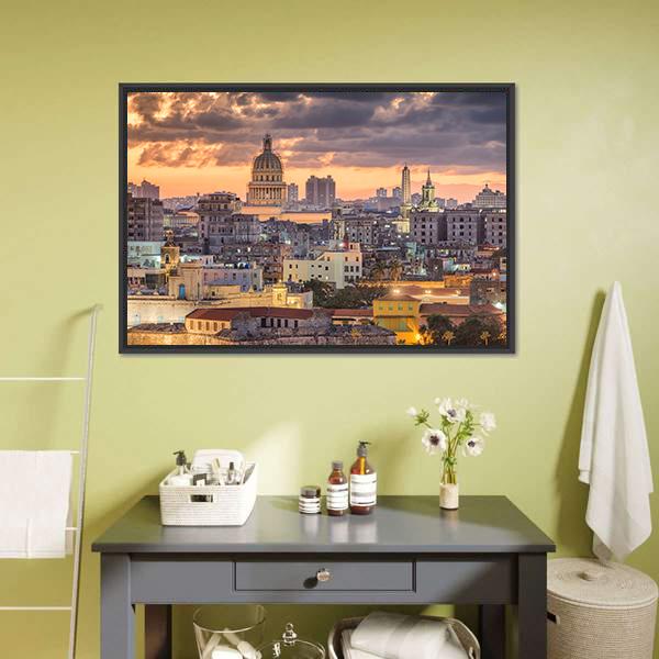 Cuba Downtown Skyline Canvas Wall Art-1 Piece-Floating Frame-24" x 16"-Tiaracle