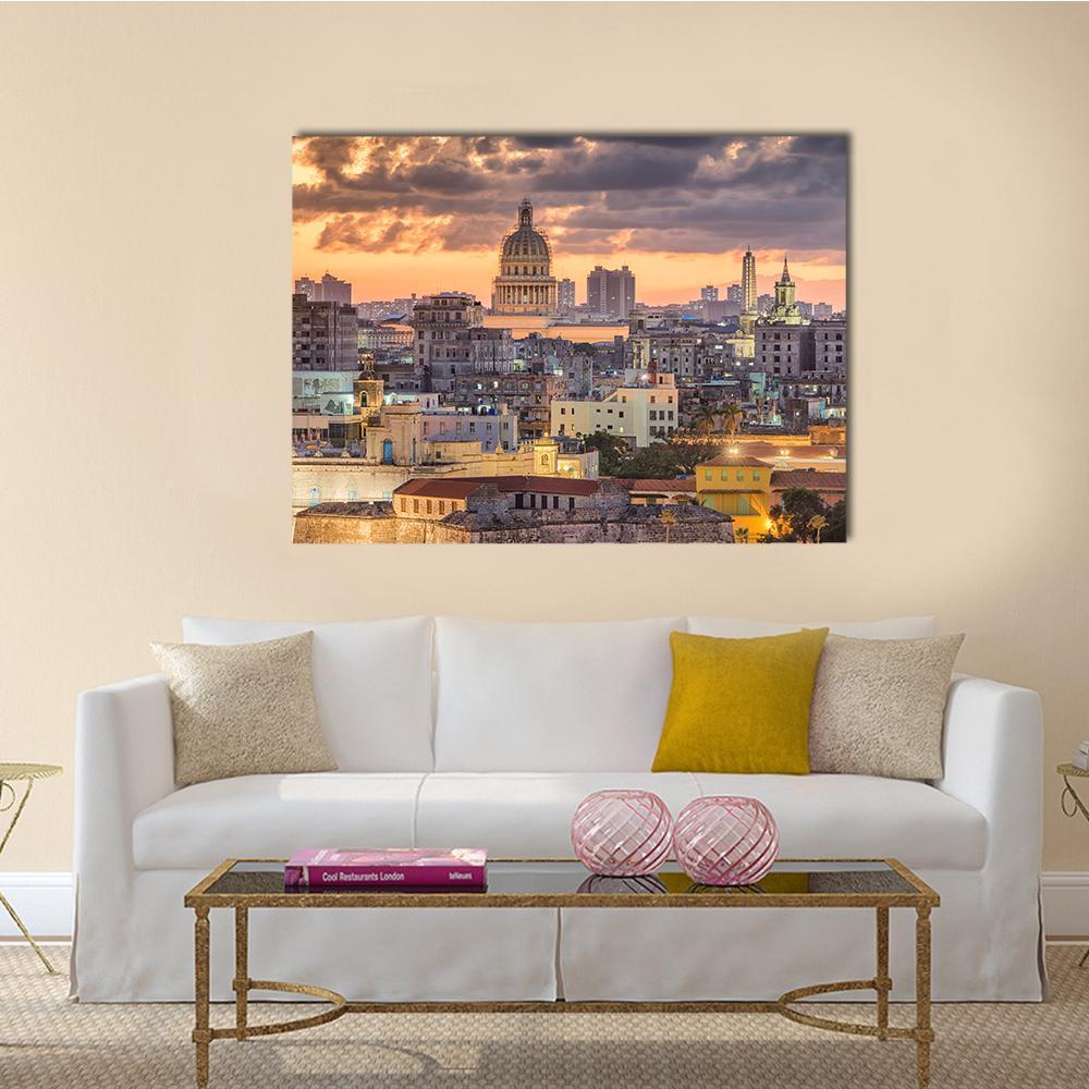 Havana Skyline at Sunset Canvas Wall Art in gray, orange and yellow, single panel hung on a wall