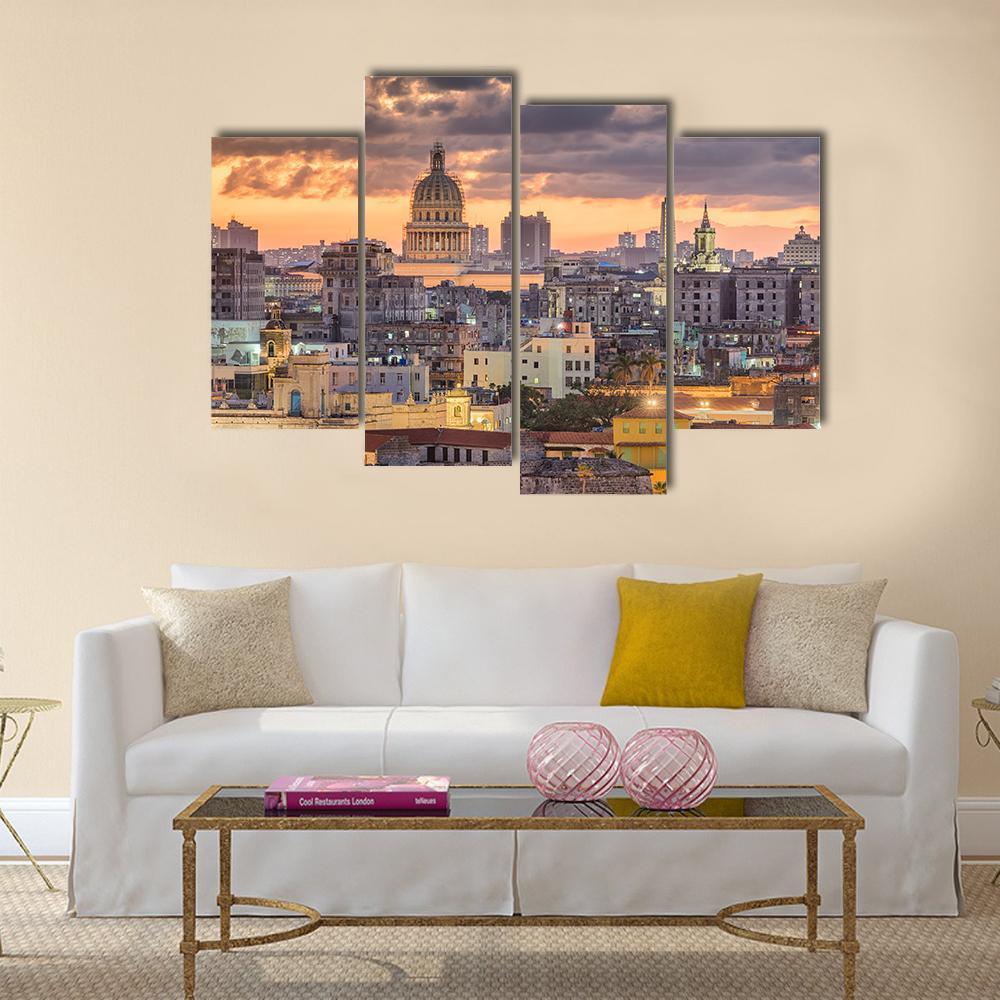 Cuba Downtown Skyline Canvas Wall Art-4 Pop-Gallery Wrap-50&quot; x 32&quot;-Tiaracle