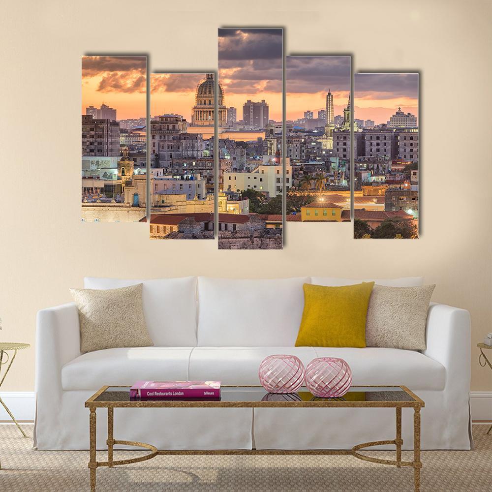 Cuba Downtown Skyline Canvas Wall Art-5 Pop-Gallery Wrap-47&quot; x 32&quot;-Tiaracle