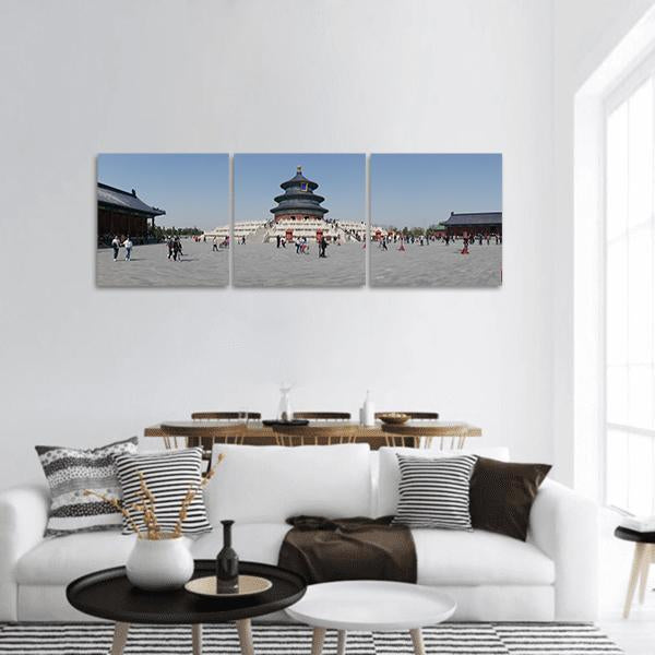 Temple of Heaven Pagoda with Blue Roof Panoramic Canvas Wall Art in white, gray and blue, hung on a wall