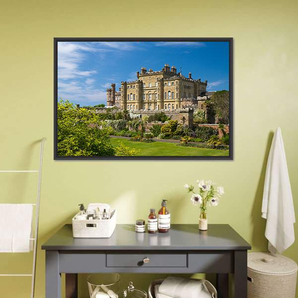 Culzean Castle Scotland Canvas Wall Art in brown, green and blue, framed canvas, product view on a white background