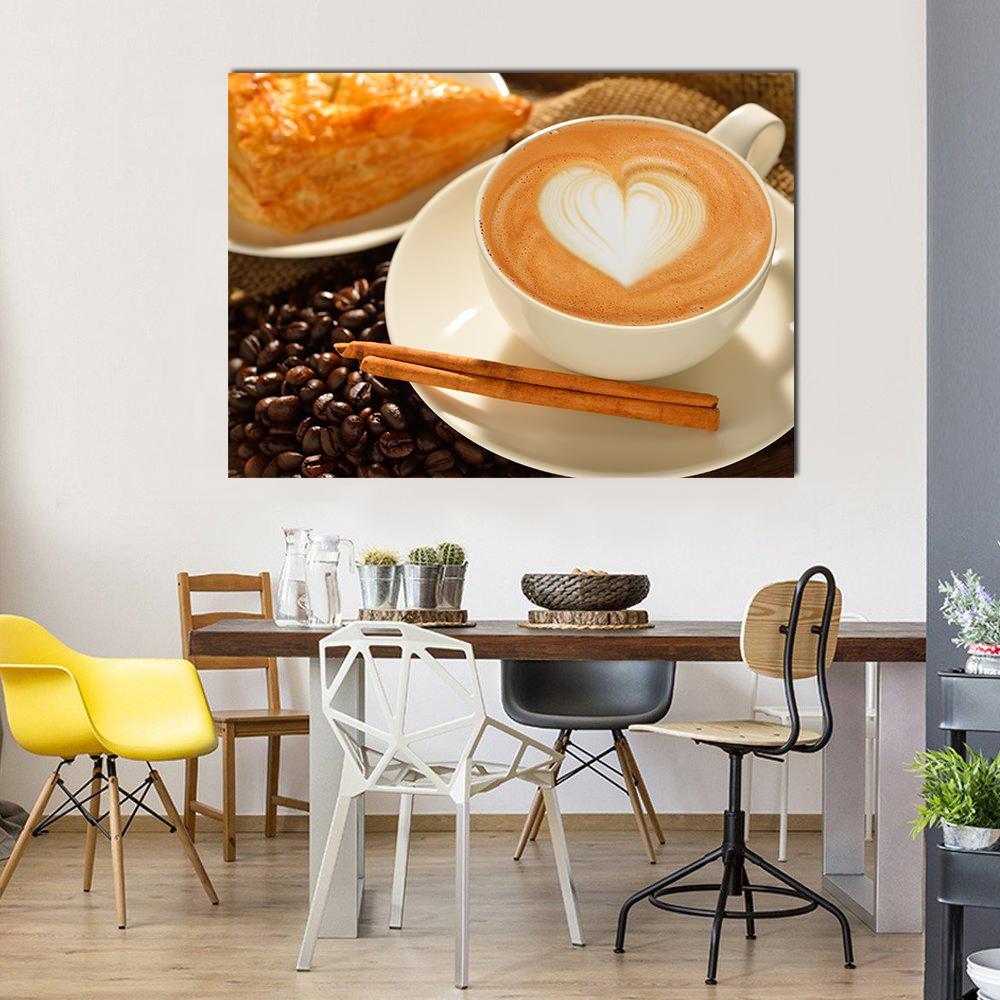 Cup of Cafe Latte Canvas Wall Art in white, beige and brown, single panel hung on a wall