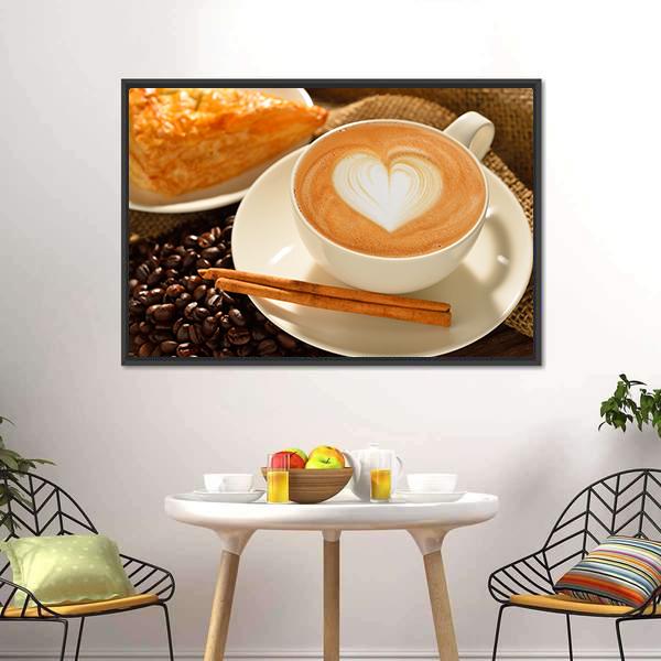 Cup Of Cafe Latte Canvas Wall Art-1 Piece-Floating Frame-24&quot; x 16&quot;-Tiaracle