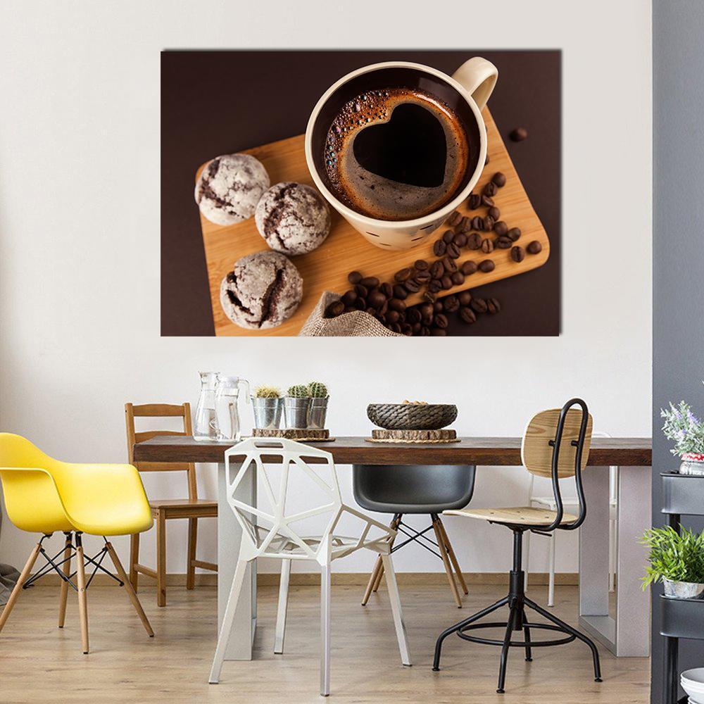 Cup of Coffee Canvas Wall Art in beige and brown, single panel hung on a wall