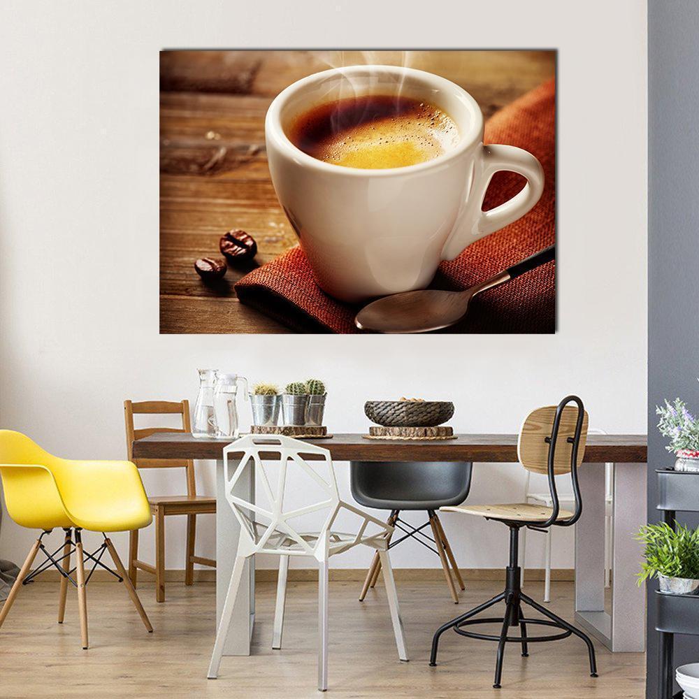 Cup of Espresso Canvas Wall Art in white, beige and brown, single panel hung on a wall