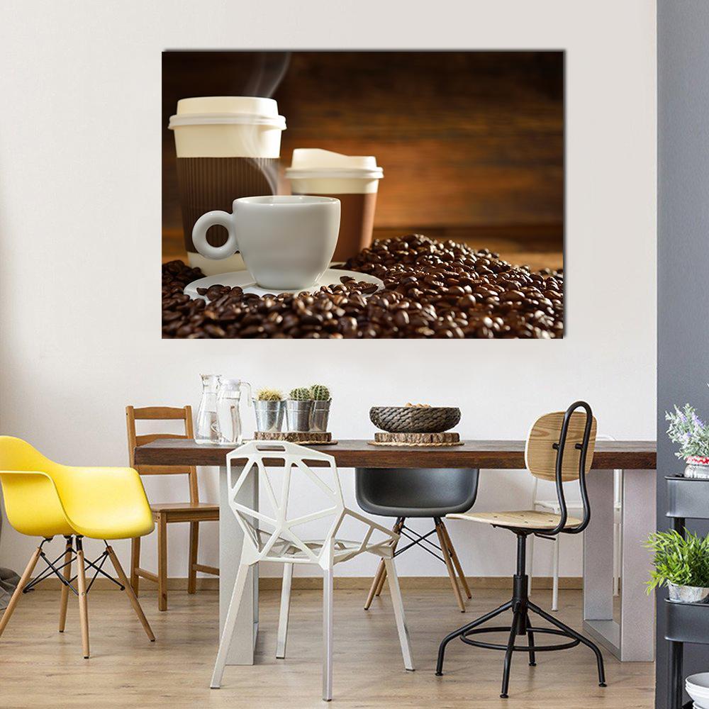 Cups of Coffee Canvas Wall Art in white, beige and brown, single panel hung on a wall
