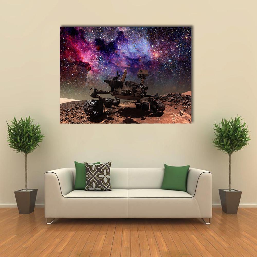 Curiosity Rover Under Galactic Sky Canvas Wall Art in black, brown and purple, single panel hung on a wall