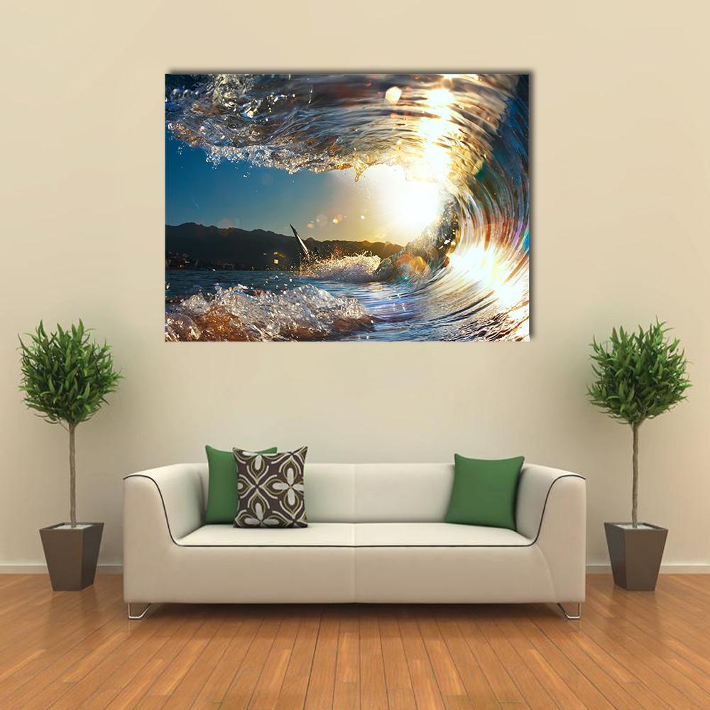 Curly Breaking Wave with Surfer Canvas Wall Art in white, yellow and blue, single panel hung on a wall