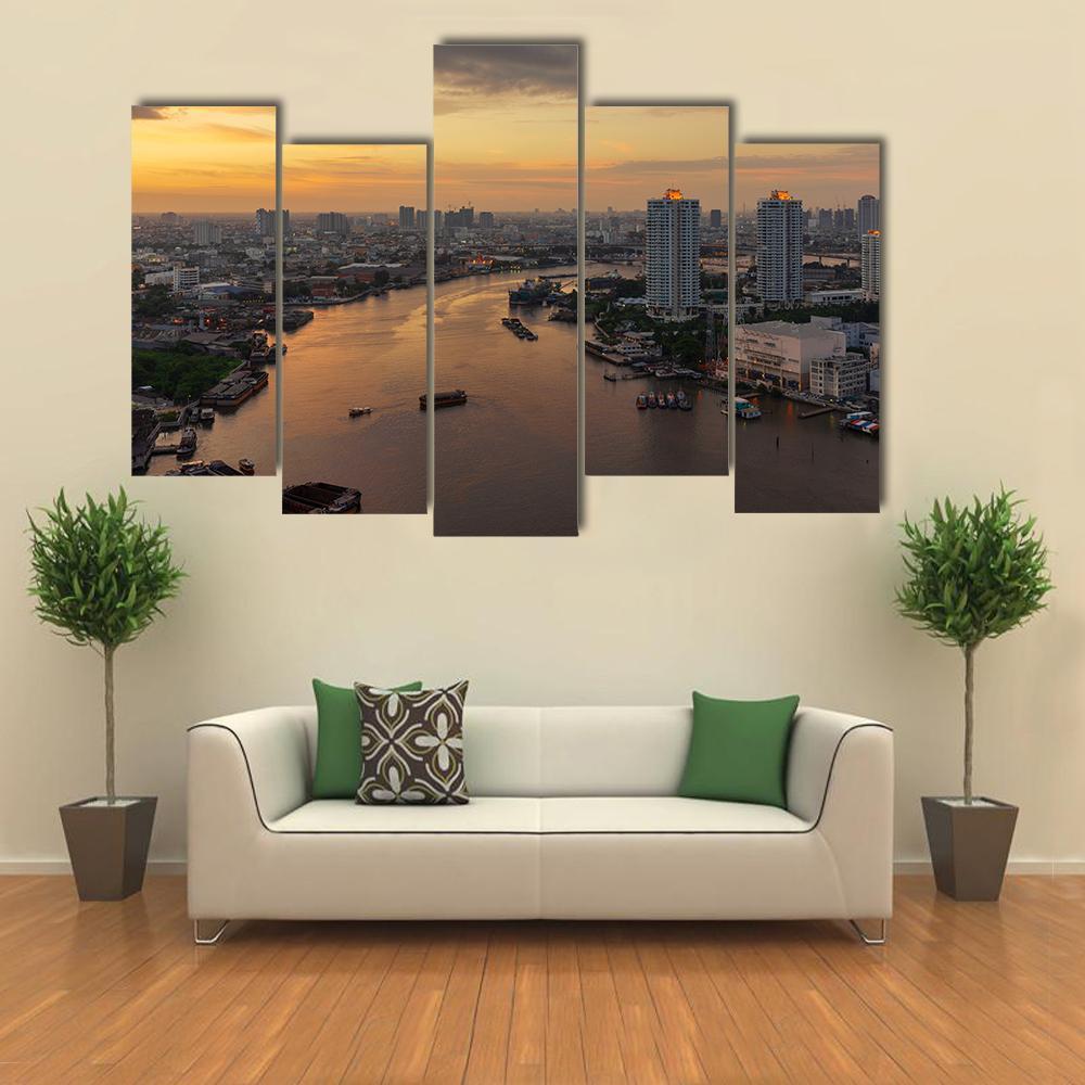 Curve Of Chao Phraya River Canvas Wall Art-5 Pop-Gallery Wrap-47" x 32"-Tiaracle