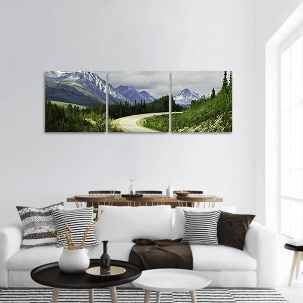 Road In Mountain Alaska Panoramic Canvas Wall Art-3 Piece-25" x 08"-Tiaracle