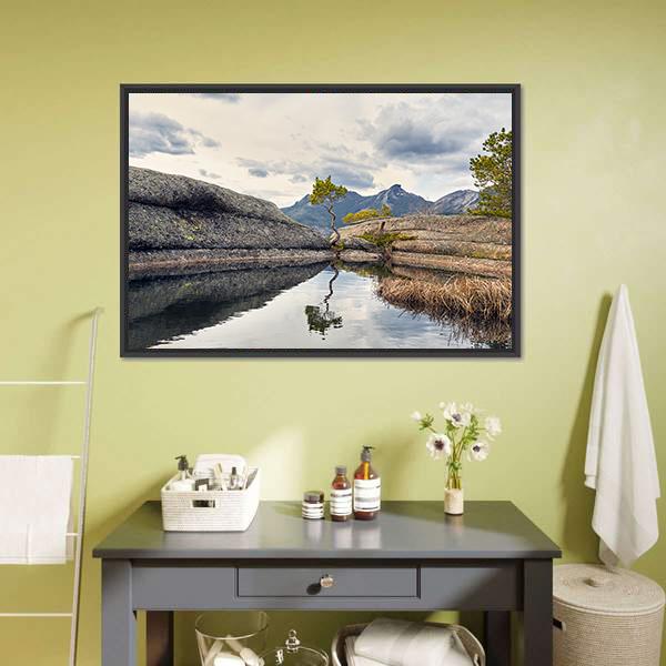 Curved Pine On Lake Canvas Wall Art-1 Piece-Floating Frame-24" x 16"-Tiaracle