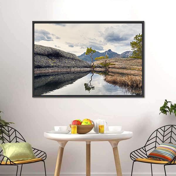 Curved Pine On Lake Canvas Wall Art-3 Horizontal-Gallery Wrap-25" x 16"-Tiaracle
