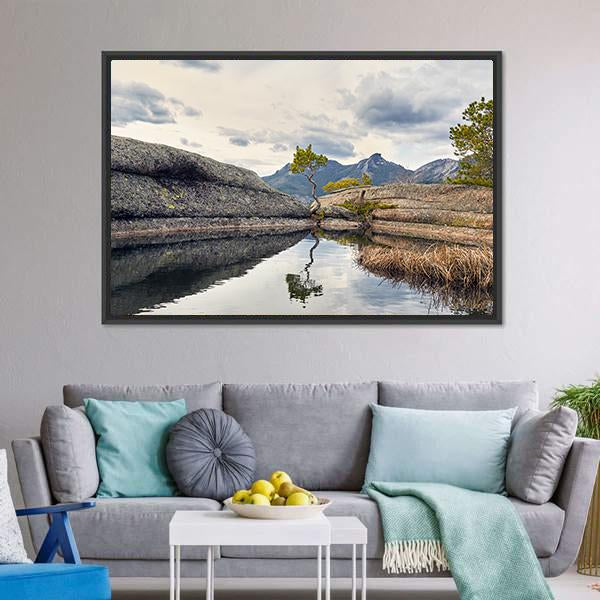 Curved Pine On Lake Canvas Wall Art-3 Horizontal-Gallery Wrap-25" x 16"-Tiaracle