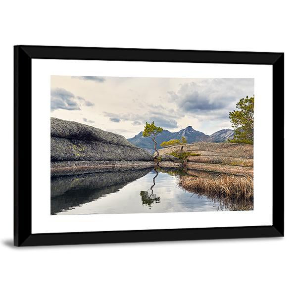 Curved Pine On Lake Canvas Wall Art-3 Horizontal-Gallery Wrap-25" x 16"-Tiaracle