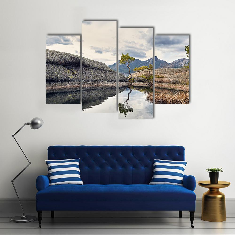 Curved Pine On Lake Canvas Wall Art-4 Pop-Gallery Wrap-50" x 32"-Tiaracle
