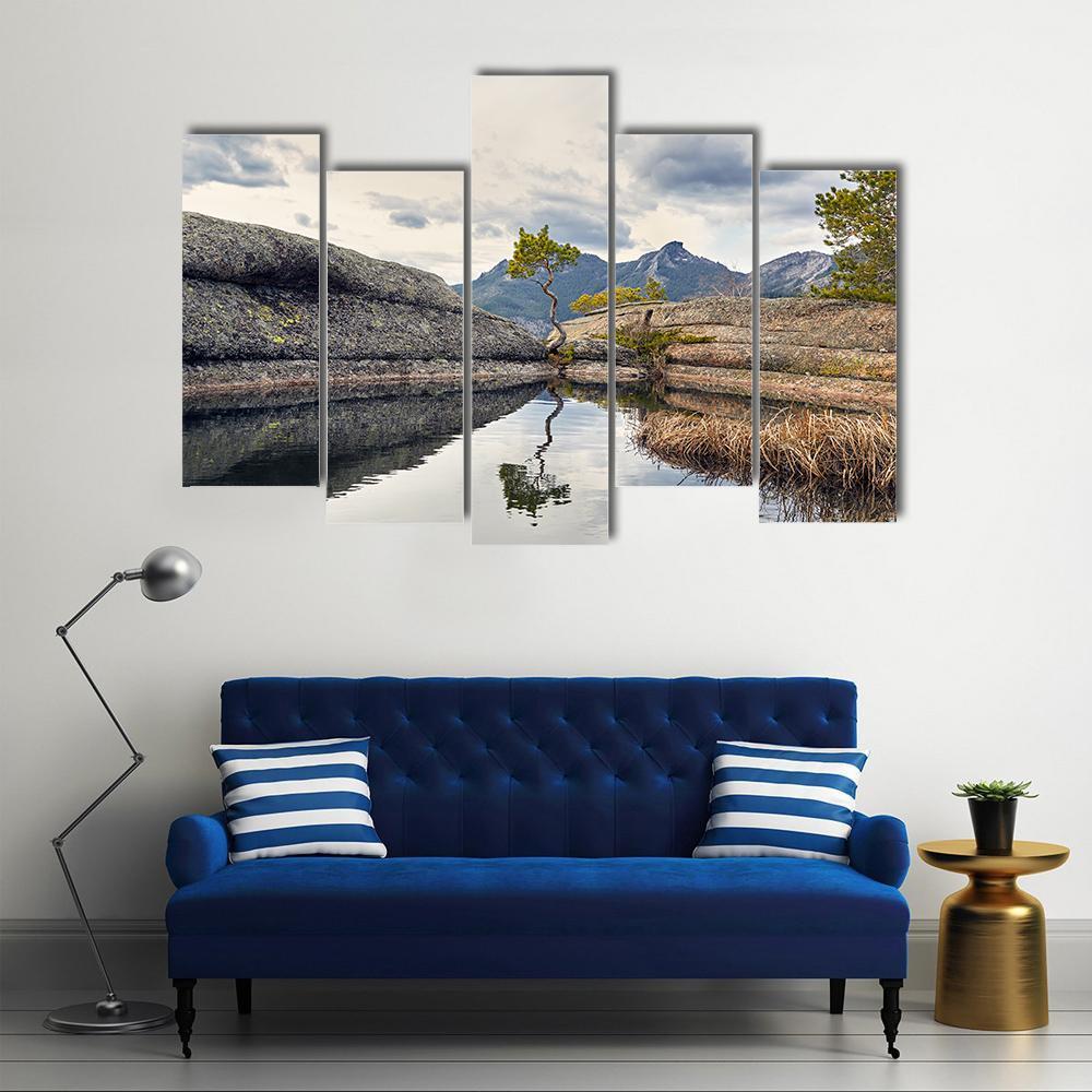 Curved Pine On Lake Canvas Wall Art-5 Pop-Gallery Wrap-47" x 32"-Tiaracle