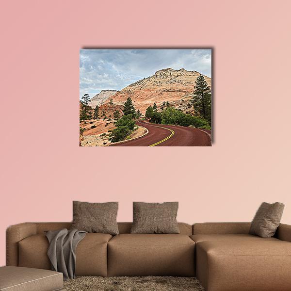 Curved Red Rock Road Canvas Wall Art in beige, brown and red, single panel hung on a wall