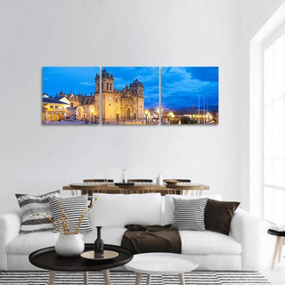 Spanish Colonial Cathedral at Dusk Panoramic Canvas Wall Art - 3 Piece / 25" x 08"