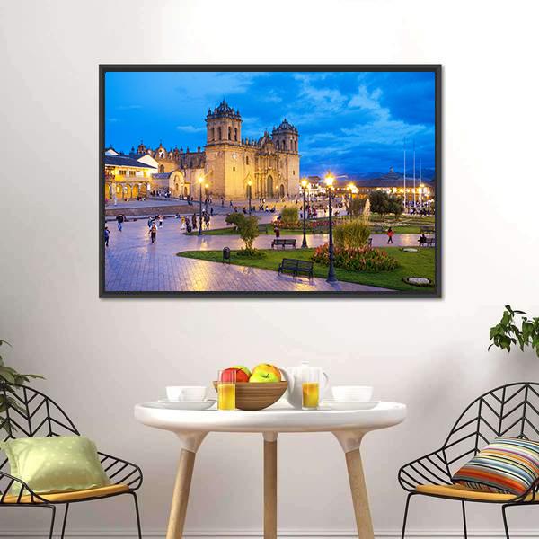 Cusco City Centre at Dusk Canvas Wall Art in brown, yellow and blue, framed canvas, product view on a white background